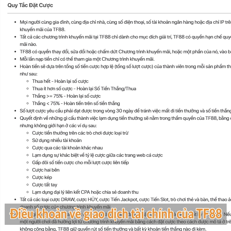 Điều khoản về giao dịch tài chính của TF88