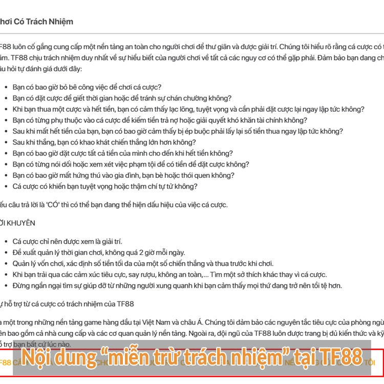 Nội dung “miễn trừ trách nhiệm” tại TF88